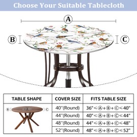 Spring Summer Round Fitted Tablecloth with Elastic Edge Watercolor Floral Birds Outdoor Tablecloth Waterproof Reusable Table Cover for Picnic Kitchen Party Decor Fits 36-40" Diameter Round Tables