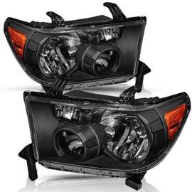TUSDAR Headlight Assembly Replacement for 2007 2008 2009 2010 2011 2012 2013 Tundra / 2008-2017 Sequoia Driver and Passenger Side Black with Amber Reflector