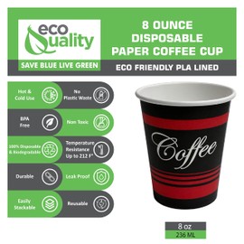 EcoQuality 2 Pack of 50 ct Hot Drink Disposable Paper Cups 8 oz - Disposable Coffee Cups, Recyclable, Compostable, Great for Office, Breakrooms, Restaurants, Coffee Shops, Tea Shops, Latte, Chai