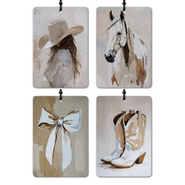DEQSX Trendy Western Cowgirl Car Air Freshener 4 Pcs, Retro Horse Cowgirl Boots Bow Hanging Air Freshener for Cars Closet Drawer Books Bathroom Office, Girly Car Accessories Mirror Decor for Women