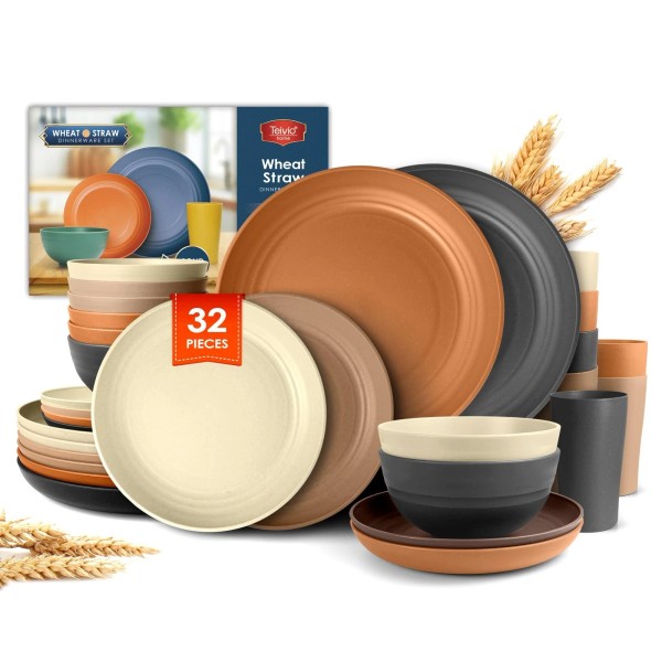 Teivio 32-Piece Kitchen Plastic Wheat Straw Dinnerware Set, Service for