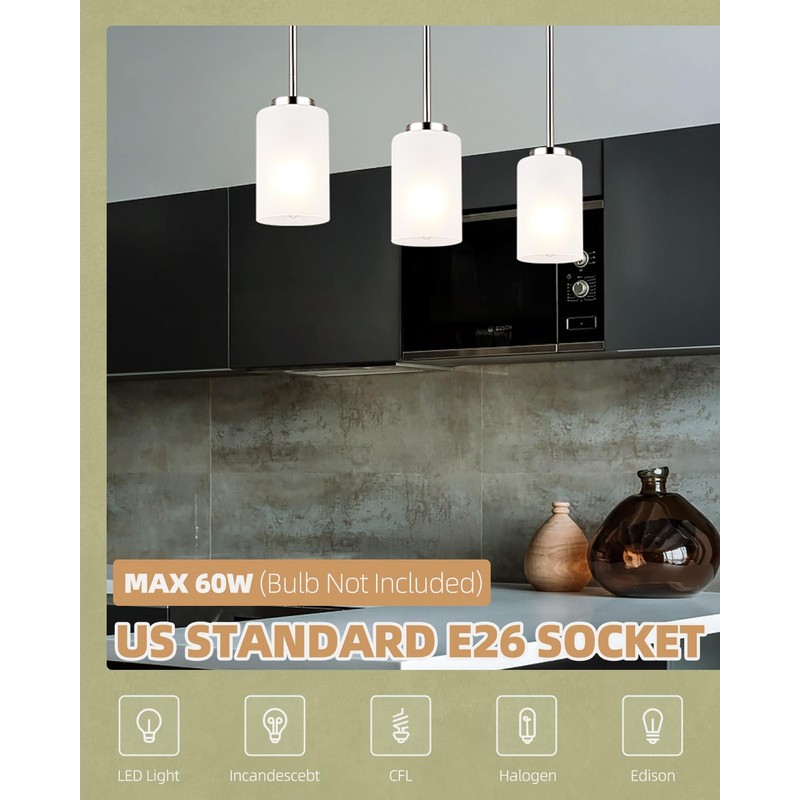 WYNEYET 3 Pack Mini Pendant Light, Brushed Nickel Hanging Ceiling