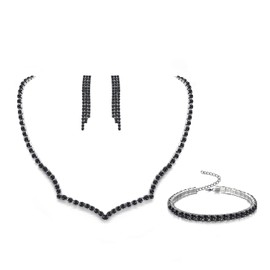 Ruzzykea Crystal Rhinestone Earrings Necklace Bracelet Jewelry Set for Bride Prom Wedding Costume (Black)