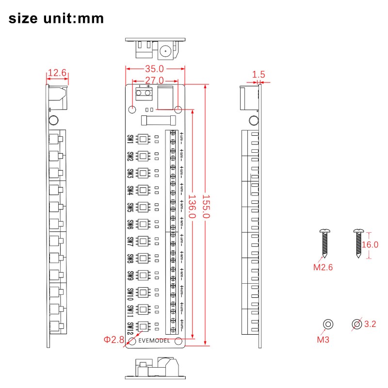Evemodel 3V-24V DC Power Distribution Module 12 Channel Individual Switches