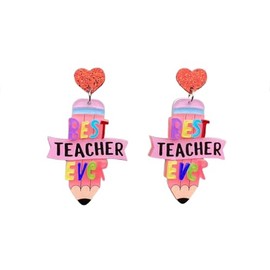 Cute Colorful Pencil Teachers Acrylic Dangle Drop Earrings Funny Heart Shape Book Teacher Earrings for Women Teachers Appreciation Gifts-Pink Pencil