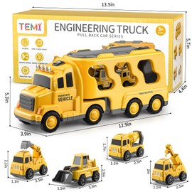 TEMI 5-in-1 Construction Truck Toys for Boys and Girls Age 2 3 4 5 - Toddlers Friction Power Vehicles Car Include Excavator, Crane, Bulldozer - Christmas and Birthday Gifts
