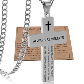 Always Remember Silver Bible Verse Cross Necklace For Men Christian Religious Scripture Faith Baptism First Communion Cross Chain Pendant For Boys Dad Fathers Day Valentines Day gift For Him