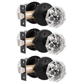 Gobrico Diamond Door Knobs 3 Pack Matte Black Finished Crystal Glass Doorknobs Octagon Style Clear Interior Bed Bath Locks Privacy Door Handles with Classic Rosette