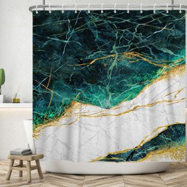 ASDCXZ Marble Shower Curtain 180 x 200 cm, Modern Abstract Blue Green Greu White Gold Marble Look Texture Washable Bathroom Shower Curtains Polyester Textile Waterproof Shower Curtain for Bath with 12