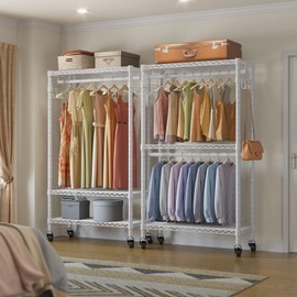 VIPEK R2 Medium Heavy Duty Clothes Rack Rolling Clothing Rack Adjustable Metal Wire Shelving Portable Closets with Double Hanging Rods, Side Hooks, Freestanding Closet Racks Wardrobe, White