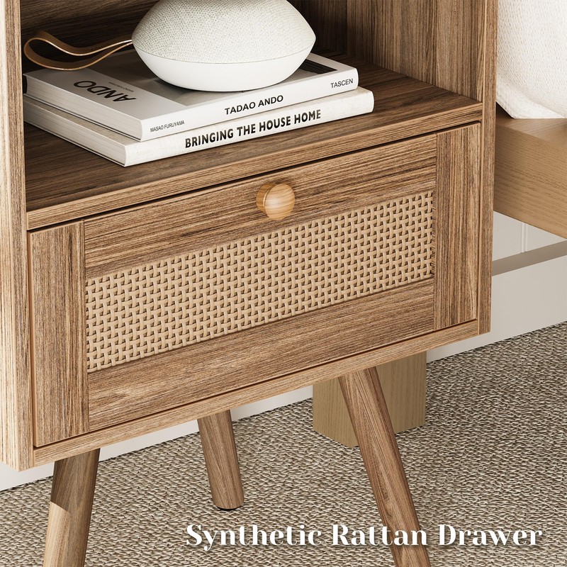 SUPERJARE Nightstand with Charging Station & Rattan-Like Decor Drawer, Rattan