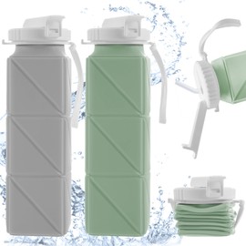 MOYAC 2 Pcs Botella de Agua Plegable, 620ML Botella Blandas Portátil de Silicona, con Pajita, sin PBA, Antifugas, Anticaídas, Facil de Transporter, para Viajes, Gimnasio, Correr, Acampar (Verde/Gris)