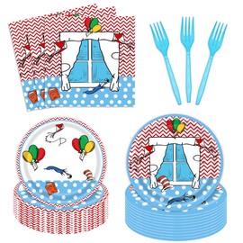 96Pcs Red and Blue Stripes Party Plates, Cartoon Window Party Decorations Supplies for Birthday Baby Shower Party Disposable Tableware Set,Serves 24 Guests
