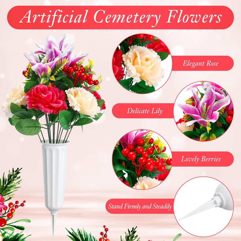 Tigeen 6 Sets Artificial Cemetery Flowers with Vase 54 Heads