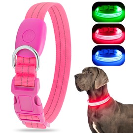 Light Up Dog Collar, LED Lighted Reflective Dog Collars for Night USB Rechargeable, Glow Collar for Dogs, Waterproof Adjustable Flashing Dog Collar for Night Safety (Pink, Medium)