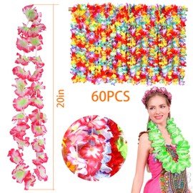 LPAOIS Pack of 60 Hawaii Flower Necklaces, Hawaii Flower Garlands, Hawaiian Chain Necklace, Hawaii Ruffled Flower Lei Luau Floral Leis for Dress, Tropical Theme Parties, 100 cm