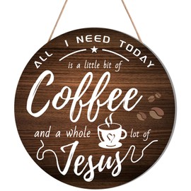 HMASYO Coffee Signs Decor for Coffee Bar, All I Need Today is A Little bit of Coffee and A Whole Lot of Jesus, Rustic Wood Coffee Bar Signs for Home, Office, Cafe, Coffee Station, 12'' x 12''
