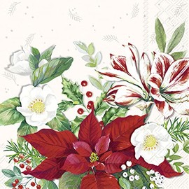 IHR Ideal Home Range Cocktail Napkins Disposable 3-Ply Paper Party Napkin Pack, 5" x 5", Christmas Florals (White), 20-Count