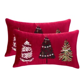 Tosleo Set of 2 Velvet Christmas Cushion Covers, 30 x 50 cm, Winter Red Christmas Tree Decorative Cushion Cover for Sofa, Couch, Bedroom, Living Room