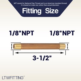LTWFITTING Brass Pipe 3-1/2" Long Nipple Fitting 1/8" Male NPT Air Water(Pack of 5)