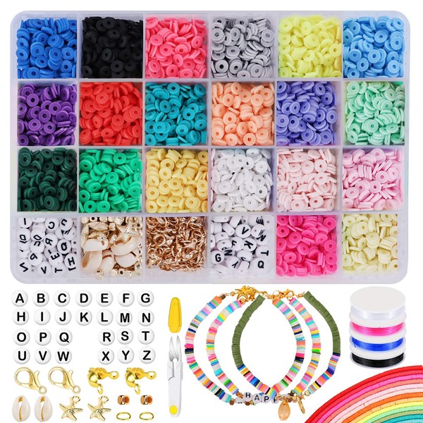 HIKENRI 4000 Pcs Clay Beads, Heishi Clay Beads, 6mm 20 Colors Flat Round Polymer Clay Spacer Beads with Pendant Charms Kit and 4 Roll Elastic Strings for DIY Jewelry Making Bracelets Necklace