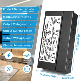 12V 100W Dimmable LED Driver, 5-in-1 Triac/ELV/MLV/0-10V/1-10V/PWM/V-R Dimming AC to DC Power Supply, IP67 Waterproof LED Transformer, UL Listed, Compatible with Lutron & Leviton Dimmer