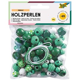 folia Jungle Mix 22974 Wooden Beads, Green/White, 60 g Equivalent to 85 Pieces, in Various Colours and Shapes, for Making Necklaces and Bracelets, Includes 2 Cords Each Approx. 85 cm