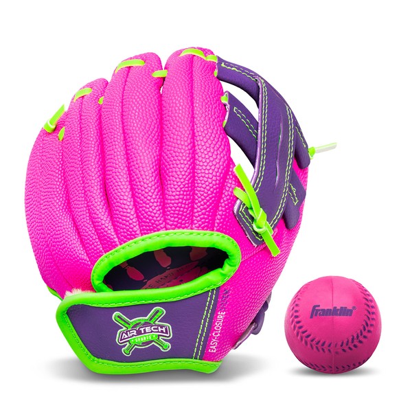Franklin Sports Baseball Glove - AirTech Boys + Girls Youth Teeball Glove - Kid + Toddler Teeball + Baseball Mitt - Right Hand Throw - 8.5", Pink/Purple
