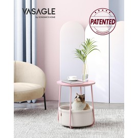 VASAGLE Small Round Side End Table, Modern Nightstand with Fabric Basket, Jelly Pink and Cream White ULET223R61
