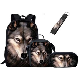 Jeiento 4Pcs Elementary Rucksack Bookbag for Primary Boys School Backpack Set with Lunch Kits Pencil Case Metal Rings Clip Keys Holder,Animal Wolf Pattern