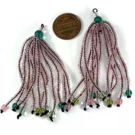 Handmade Czech Glass Beads 2.5 inch Tassel Ornament Pink and Green Pendants 2 pcs CA075