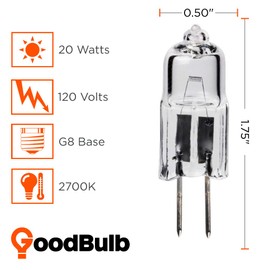 GoodBulb 20-Watt JCD Light Bulb G8 Base 120V High Output Halogen Light 3000K Soft White Color Clear Finish 2000 Life Hours Pack of 10 Bulbs