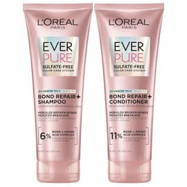 L'Oreal Paris Sulfate Free Bond Repair+ Shampoo and Conditioner Set with Bond + Amino Acid Complex, Strengthens and Repairs Damaged or Color Treated Hair, EverPure, 13.6 Fl Oz Set (Packaging May Vary)