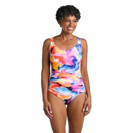 Maxine of Hollywood Women's Standard Over The Shoulder Shirred One Piece Swimsuit, Multi//Watercolor Bliss, 18