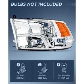 Nilight Headlight Assembly 2009 2010 2011 2012 2013 2014 2015 2016 2017 2018 Ram 1500 2500 3500 Pickup Quad Headlamp Assembly Replacement Chrome Housing Amber Corner Clear Lens,(Only for Quad Models)