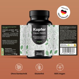 Copper Tablets High Dose - 400 Pieces with 2 mg Copper Bisglycinate - Copper, Vegan and Produced in Germany