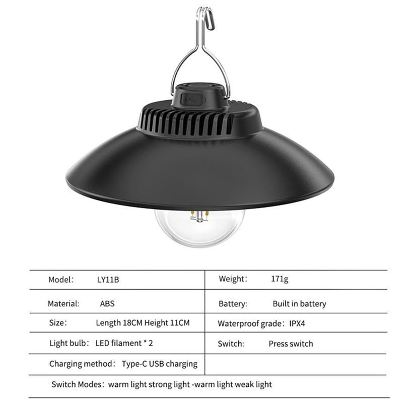 LED Portable Camping Light Typc-C Rechargeable IPX4 Waterproof Hanging Tent