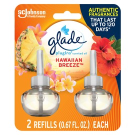 Glade PlugIns Refills Air Freshener, Scented and Essential Oils for Home and Bathroom, Hawaiian Breeze, 1.34 Fl Oz, 2 Count