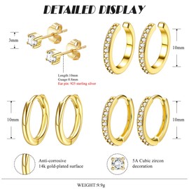 Morfetto 4 Pairs Dainty Gold Stud Earrings for Women 14k Gold Plated Earring Sets for Multiple Piercing Hypoallergenic Small Hoop Earring Stack Stackable Hoops Earings Set for Cartilage Hoop