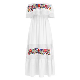 ABEHIK Mexican Embroidered Dress for Women Off Shoulder Maxi Dress Traditional Summer Loose Lace Floral Print Ruffle Neck Sleeveless Beach Vacation Cinco de Mayo Outfit White S