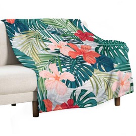Tropical Throw Blanket Green Palm Leaves Pink Flowers Pattern Soft Lightweight Warm Plush Blankets for Sofa Bedroom 30"x40"