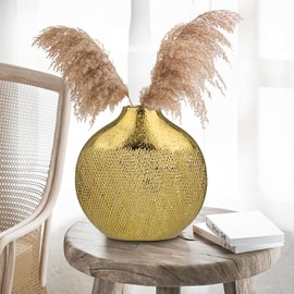 Gold Flower Vase Ceramic Rustic Vintage Round Vase for for Table Living Room Kitchen Bedroom Decoration House Desk Decorative Accessories Gift