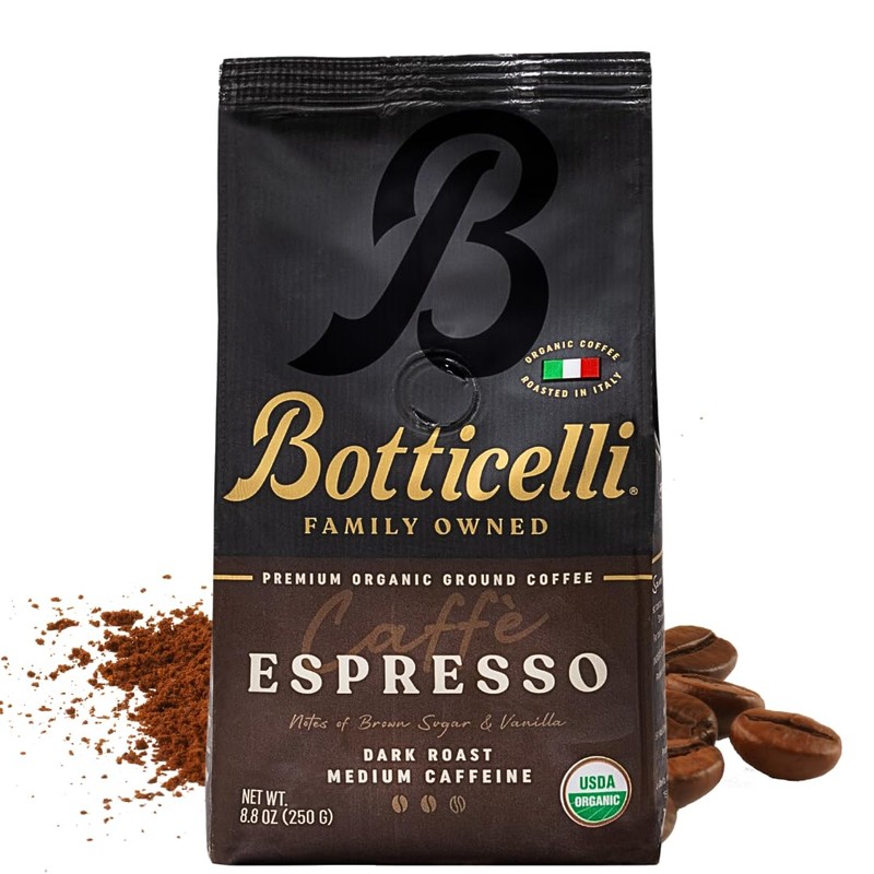 Botticelli Espresso Blend Ground CoffeeUSDA Organic, Medium Caffeine, Dark Roast