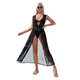 CHIC DIARY Bikini Strandkleid Cover Up Boho Ärmellos Maxi Strandtunika Chiffon Strandponcho Schwarz Kimono Beachwear Damen