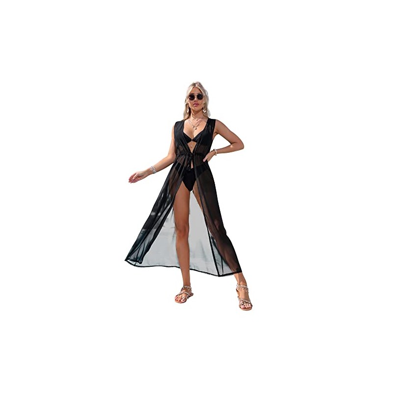 CHIC DIARY Bikini Strandkleid Cover Up Boho Ärmellos Maxi Strandtunika