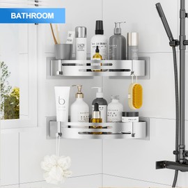 PNNP Duschablage Ohne Bohren Ecke: Duschrega Edelstahl 2 Stück Duschkorb Selbstklebend Mit 4 Haken Badezimmer Regal für dusche aufbewahrung Shampoo und Duschgel (Silber)