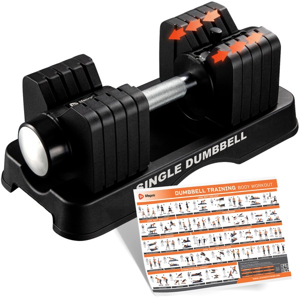 Lifepro Adjustable Dumbbell 55lbs - Single Weight Set for Home Gym with Anti-Slip Handle & Easy Mechanism - Adjustable Weights Dumbbell for Women & Men with Storage Rack - Single Dumbbell 5-55lbs