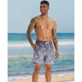 zeetoo Mens Swim Trunks 5.5 Inch with Compression Liner 2 in 1,Quick-Dry Stretch Bathing Suit Shorts with Breathable Mesh Pockets for Beach & Swimming Palm-Gradient-Grey L