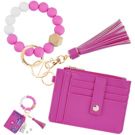 KNGITRYI Wallet Keychain Wristlet for Women,Slim RFID Credit Card Holder Purse Tassel Keychain Bangle Key Ring for Men Women(Hot Pink)
