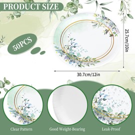 FYSUIMU 50 Pcs Greenery Oval Paper Plates Green Eucalyptus Leaves Disposable Plates 12 x 10 Inch Watercolor Tableware Plates for Wedding Birthday Baby Shower Party Supplies